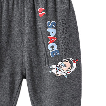 Boys Grey Easy Wash Conversational Printed Mid Rise Cotton Joggers