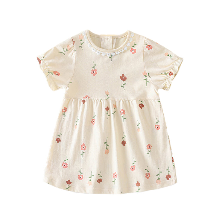 Girls Beige Floral Printed Cotton A-Line Dress