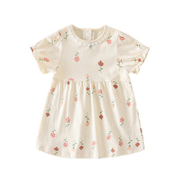Girls Beige Floral Printed Cotton A-Line Dress