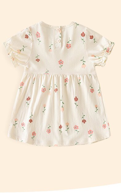 Girls Beige Floral Printed Cotton A-Line Dress
