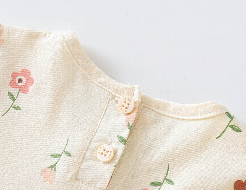 Girls Beige Floral Printed Cotton A-Line Dress