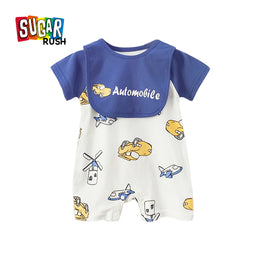 Infant Boys Blue Conversational Printed Cotton Rompers