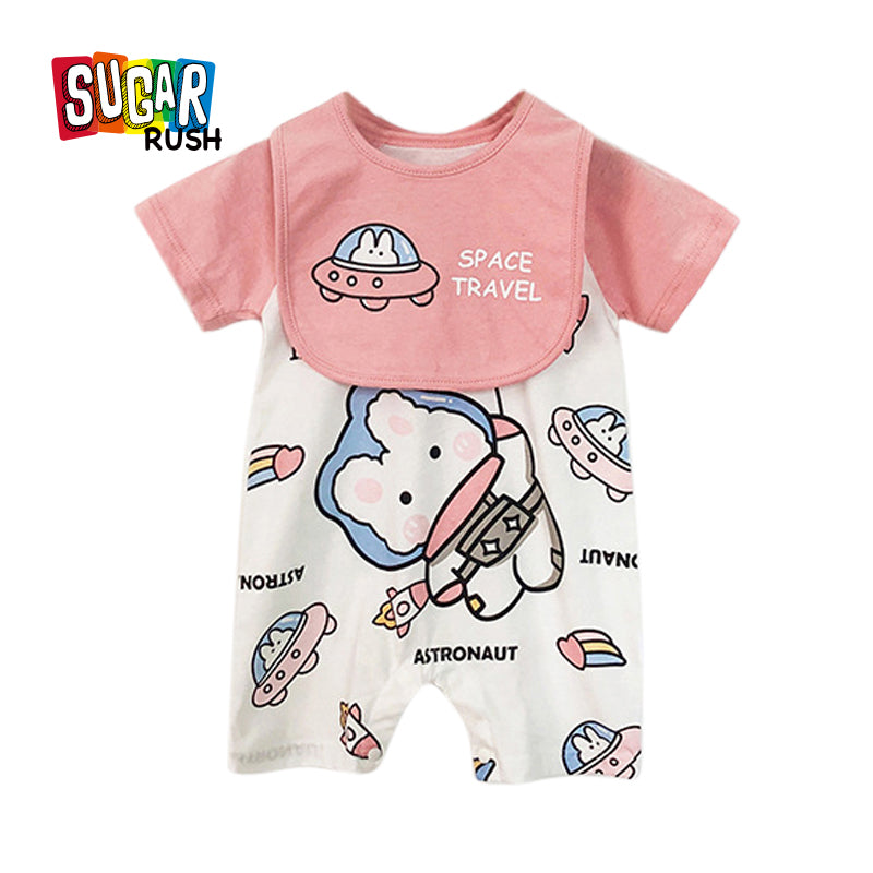 Infant Girls Pink Conversational Printed Cotton Rompers