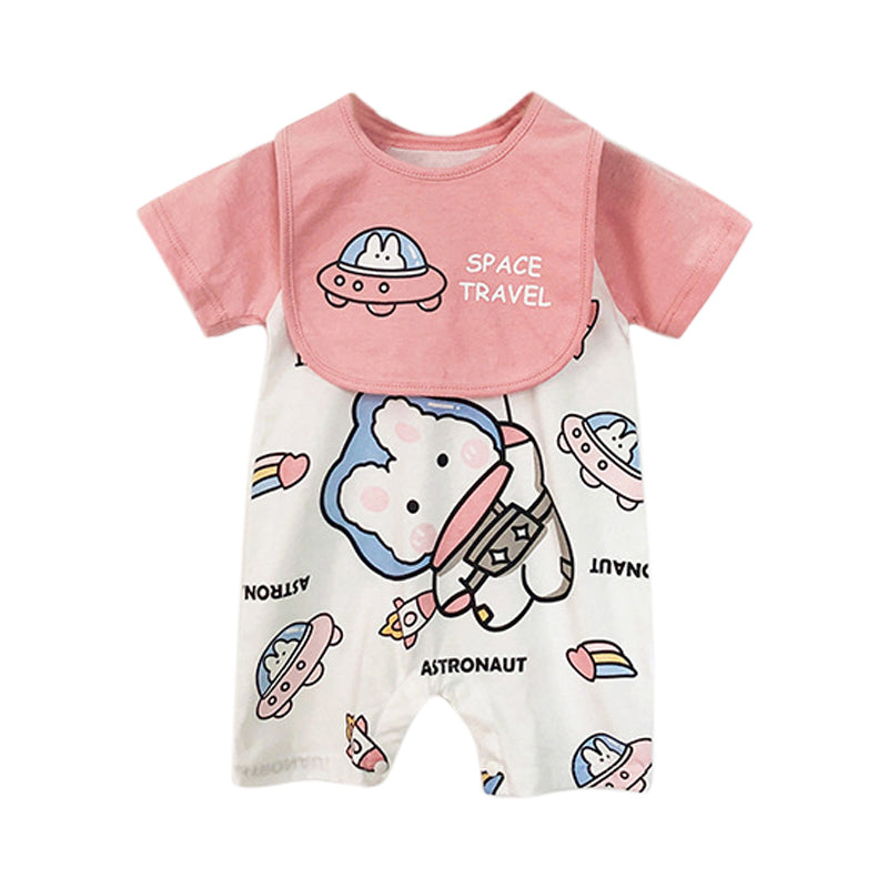 Infant Girls Pink Conversational Printed Cotton Rompers
