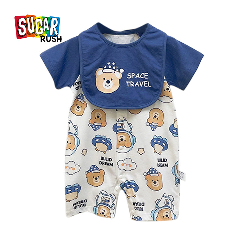Navy Blue & White Infant Boys Conversational Printed Short Sleeves Cotton Romper