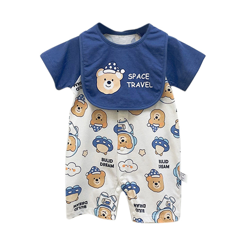 Navy Blue & White Infant Boys Conversational Printed Short Sleeves Cotton Romper