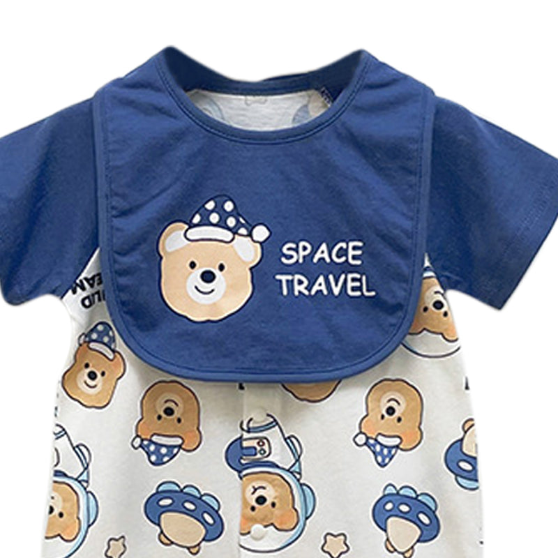 Navy Blue & White Infant Boys Conversational Printed Short Sleeves Cotton Romper