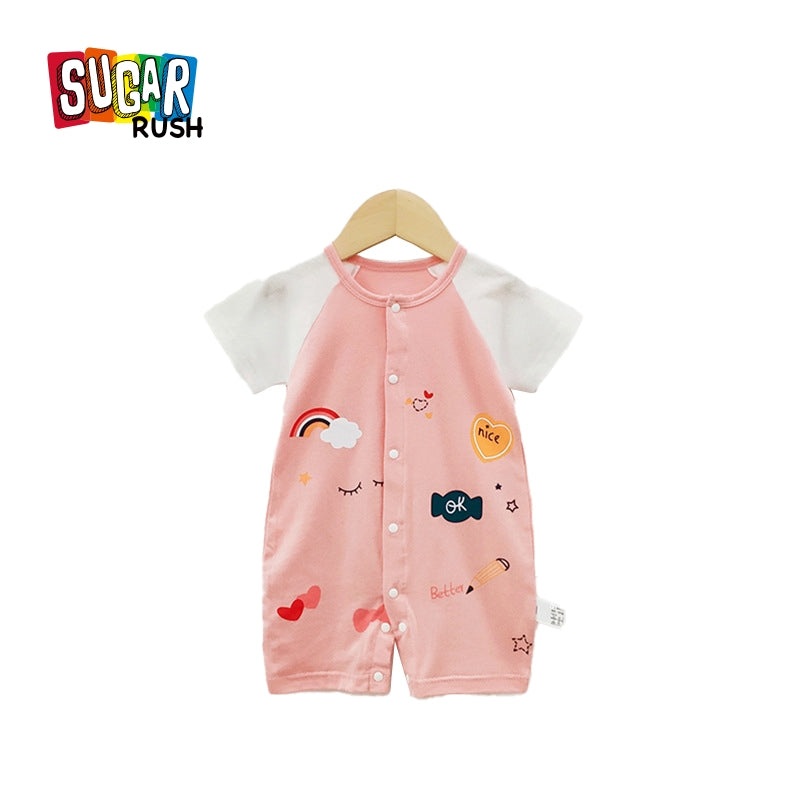 Girls Conversational Printed Round Neck Cotton Rompers