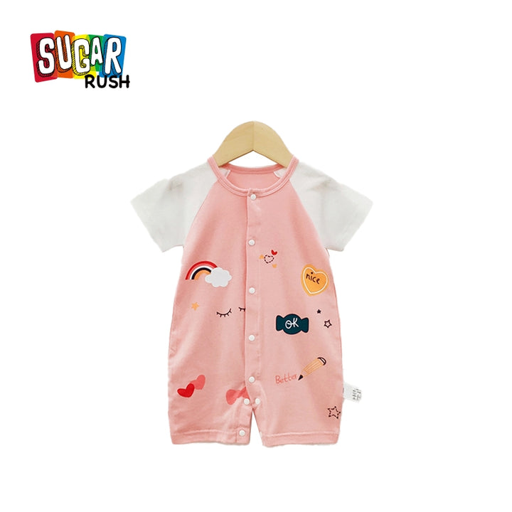 Girls Conversational Printed Round Neck Cotton Rompers