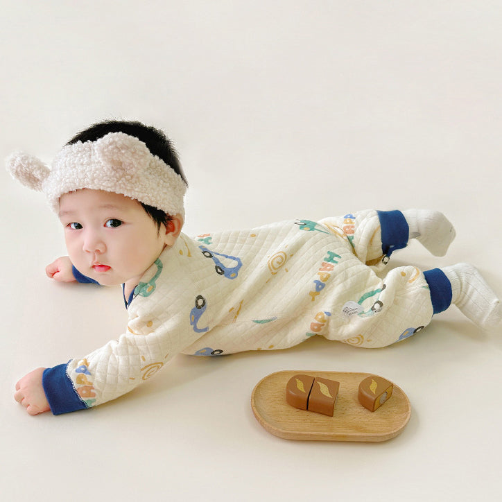 Infants Boys Blue & White Conversational Printed Rompers