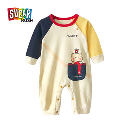 Infants Boys Yellow & Navy Blue Printed Cotton Romper
