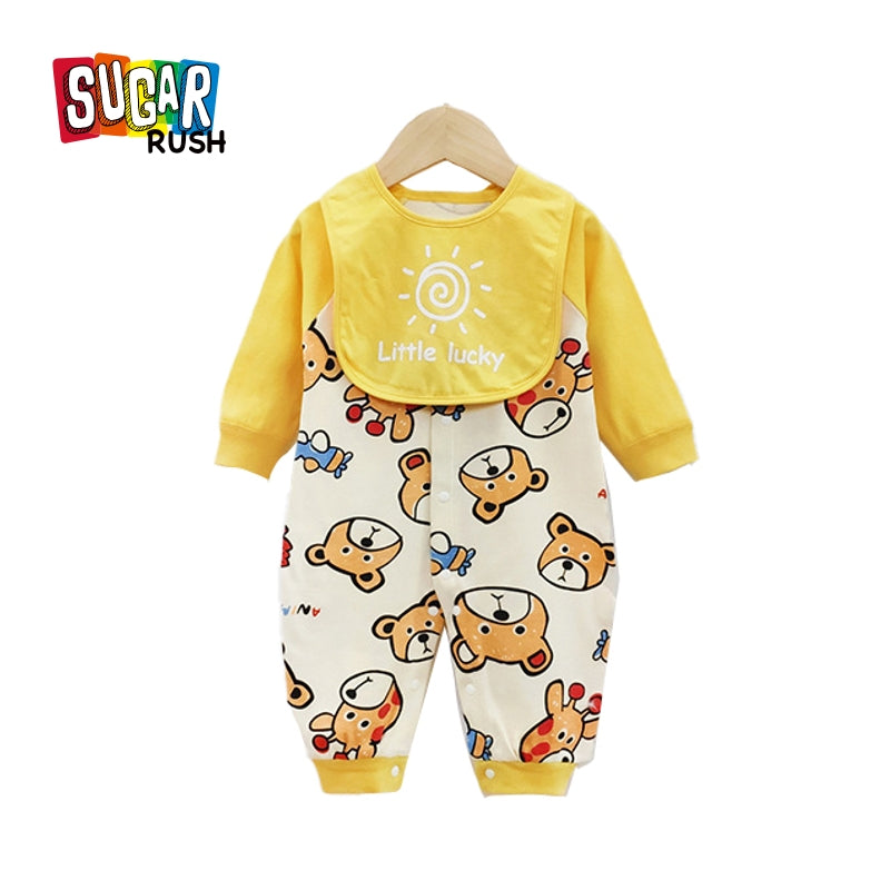 Infants Boys Printed Cotton Rompers With Bib