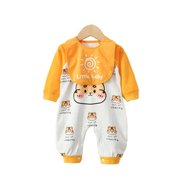 Infants Boys Printed Cotton Rompers With Bib