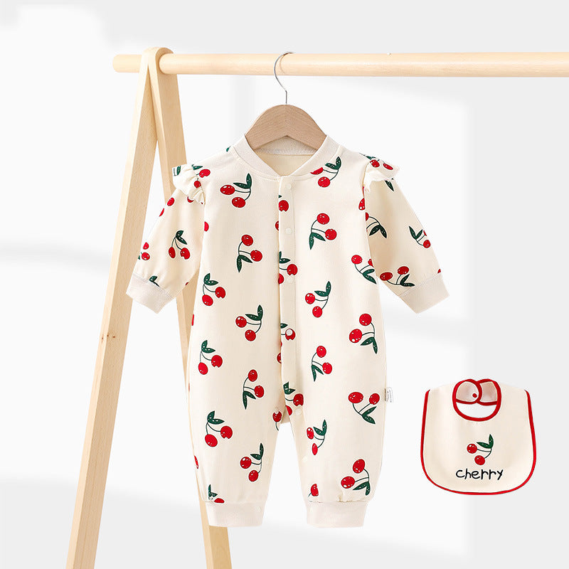 Infants Girls Cream & Red Printed Cotton Rompers