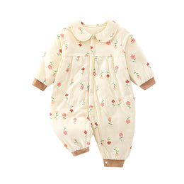 Infant Girls Beige Printed Cotton Rompers