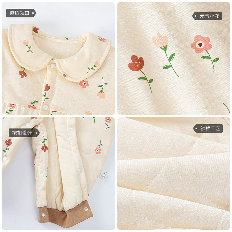 Infant Girls Beige Printed Cotton Rompers