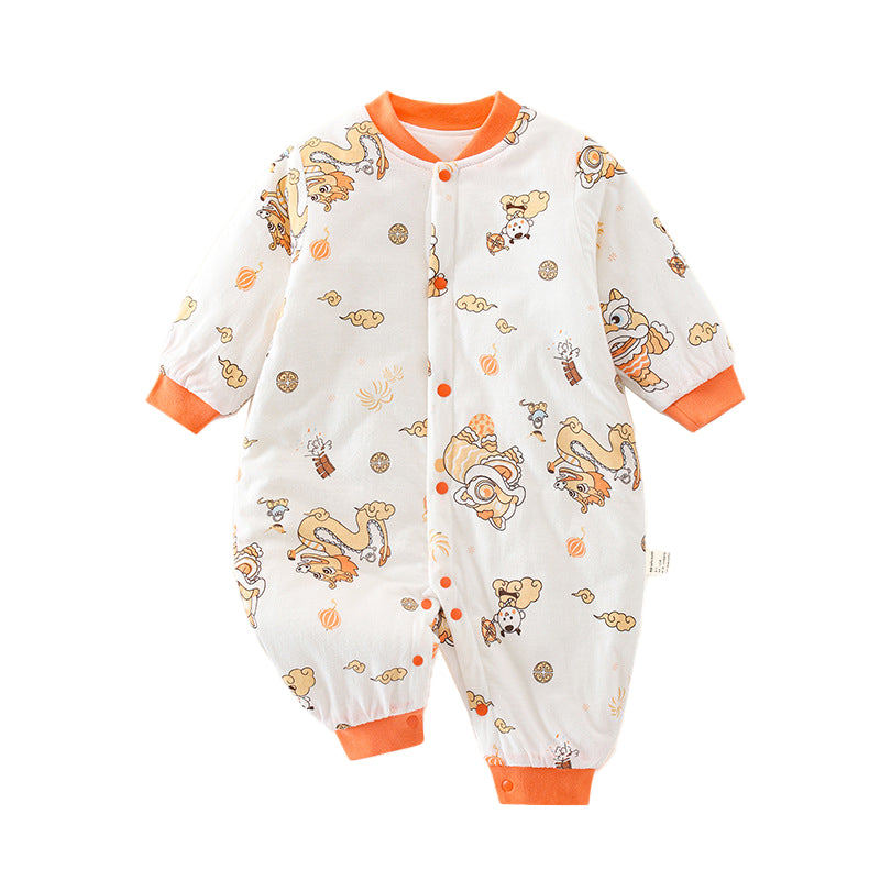 Infant Boys Orange Printed Cotton Rompers