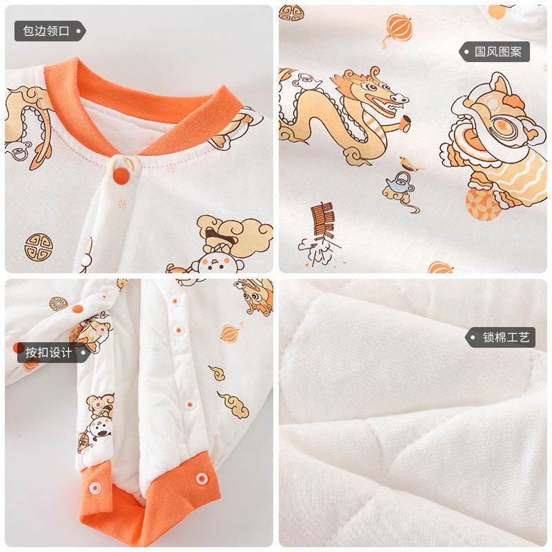 Infant Boys Orange Printed Cotton Rompers