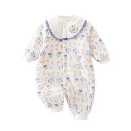 Infants Girls White & Purple Printed Cotton Rompers
