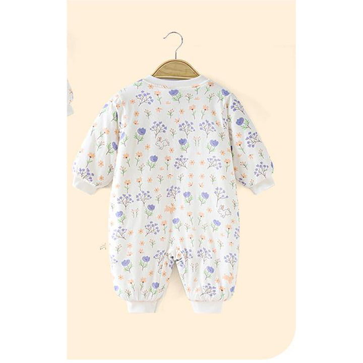 Infants Girls White & Purple Printed Cotton Rompers
