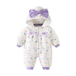 Infant Girls Purple & White Printed Hooded Romper