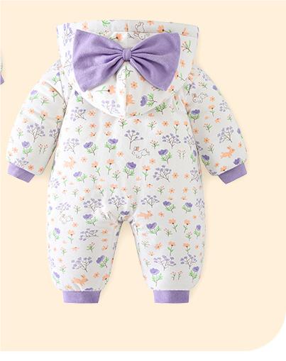 Infant Girls Purple & White Printed Hooded Romper