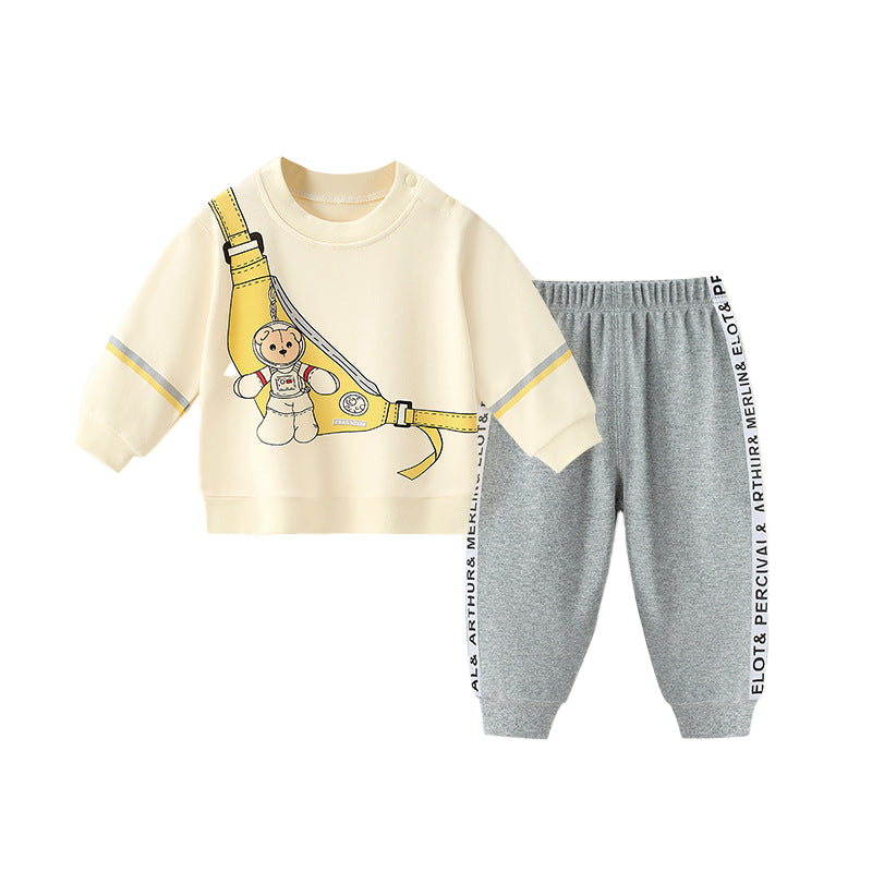 Boys Beige & Grey Graphic Printed Pure Cotton T-shirt with Trousers