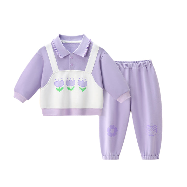 Girls Purple & White Printed Pure Cotton Top With Trouser