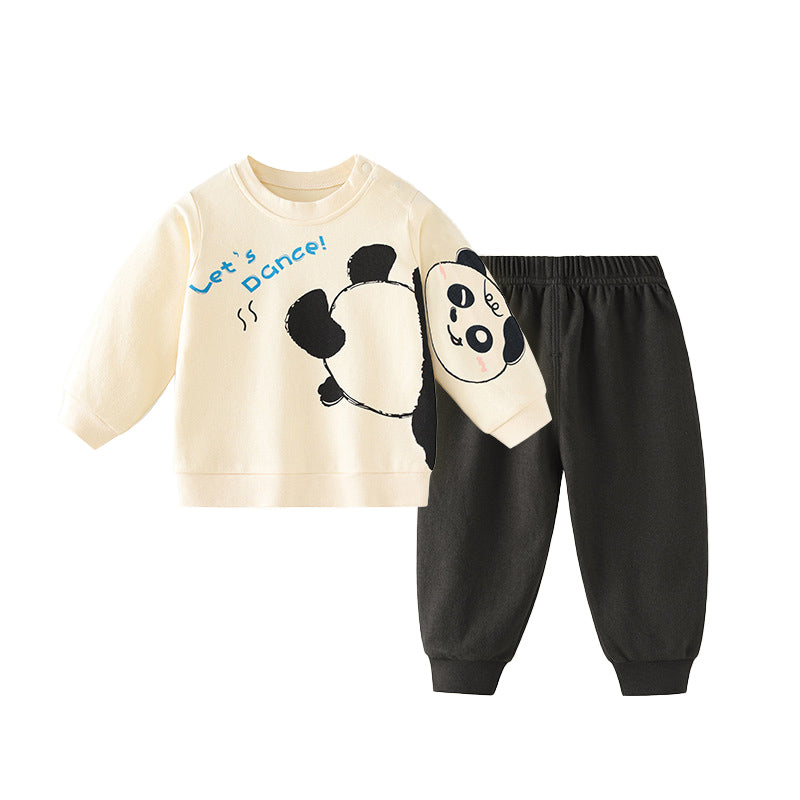 Beige Boys Printed Pure Cotton Top with Jogger