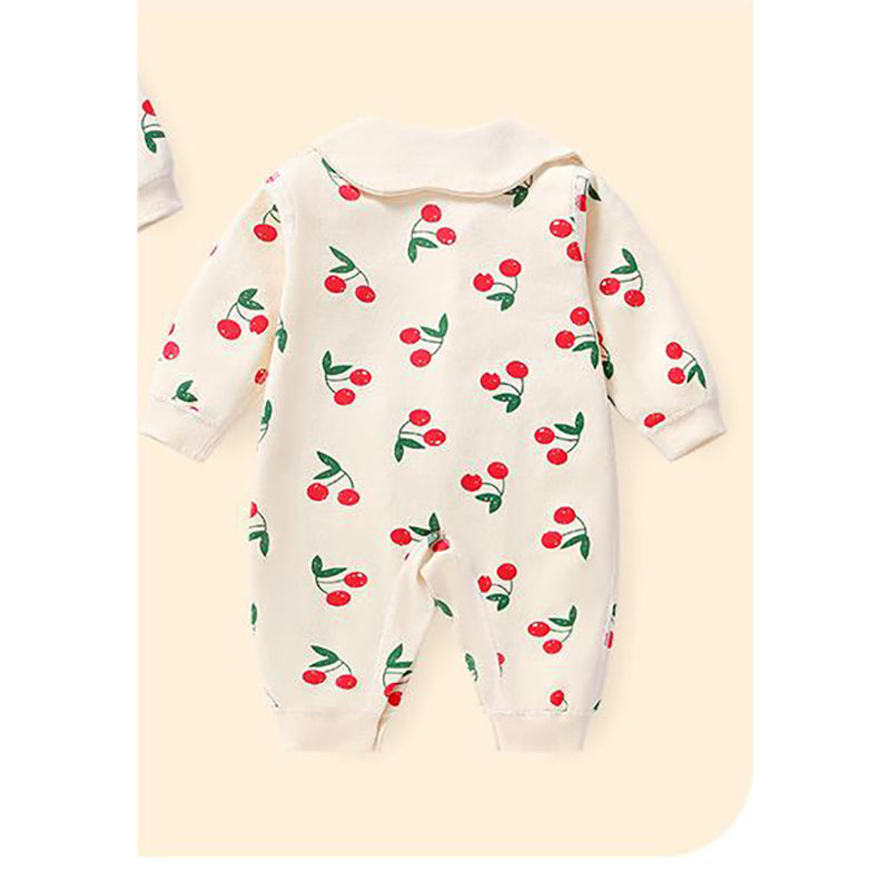 Infants Girls Cream-Coloured Printed Cotton Rompers