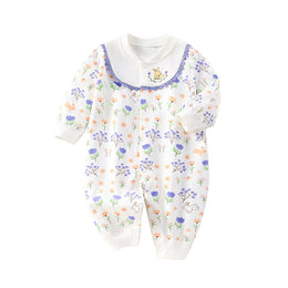 Infants Girls White & Purple Printed Cotton Rompers