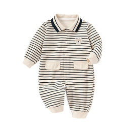 Infants Boys Cream Coloured & Black Striped Pure Cotton Rompers