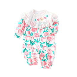 Infants Girls White & Pink Printed Cotton Rompers