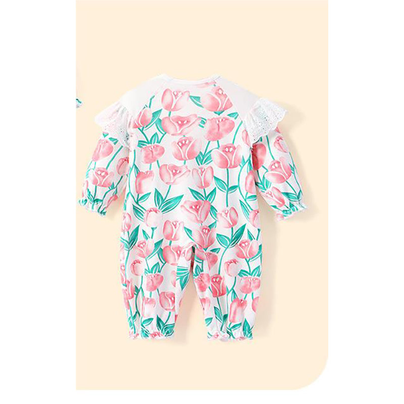 Infants Girls White & Pink Printed Cotton Rompers