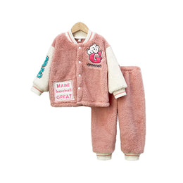 Girls Pink & Cream-Coloured Mandarin Collar Colourblocked Top with Pyjamas