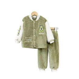 Boys Green & White Self Design Stand Collar Jacket with Joggers