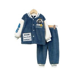 Boys Blue Self Design Stand Collar Jacket with Joggers