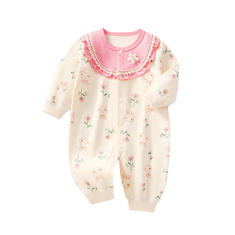 Infant Girls Pink Printed Cotton Rompers