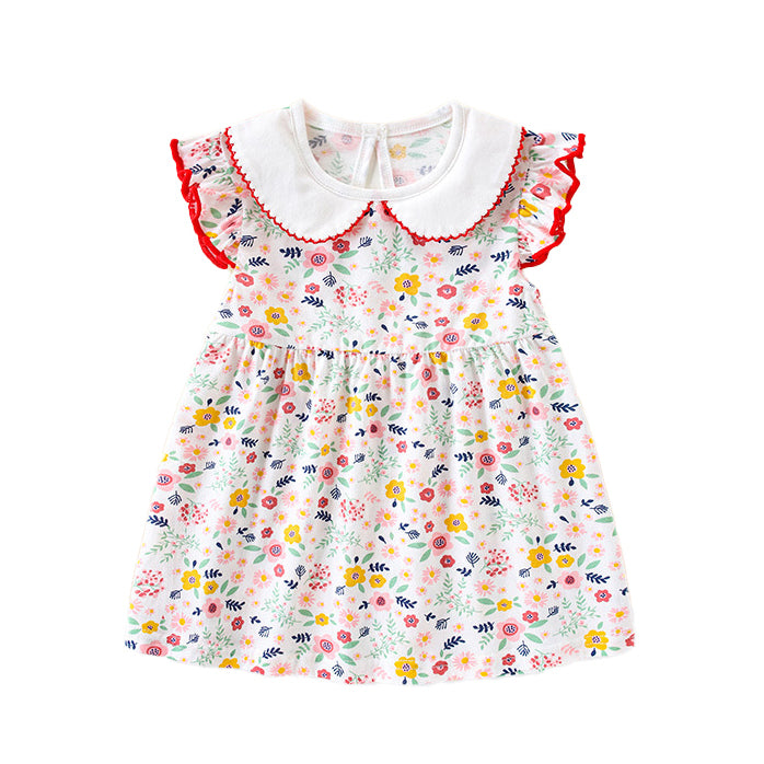 Girls White Peter Pan Collar Flutter Sleeve Cotton Fit & Flare Dress