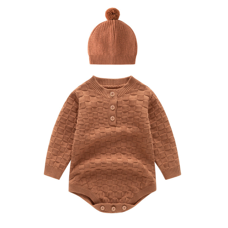 Brown Infant Kids Knitted Cotton Romper With Beanie
