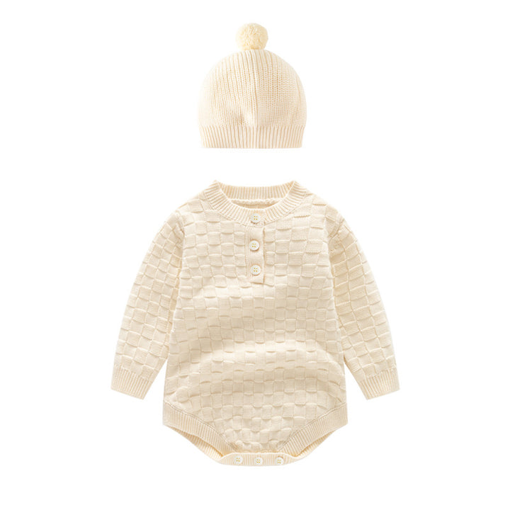 Off White Infant Kids Knitted Cotton Rompers With Beanie