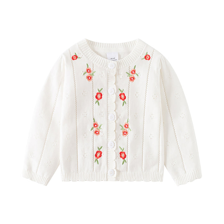 Girls Floral Embroidered Front-Open Sweaters