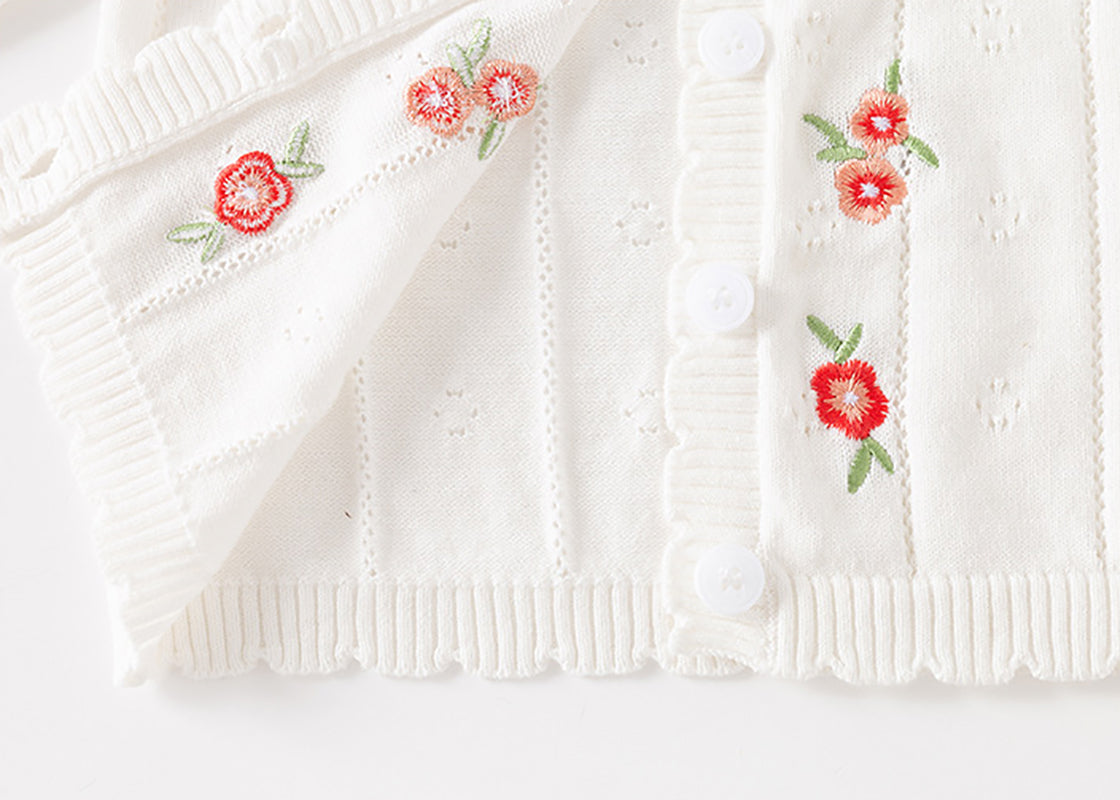 Girls Floral Embroidered Front-Open Sweaters