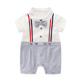 Grey & White Infant Boys Striped Shirt Collar Cotton Romper