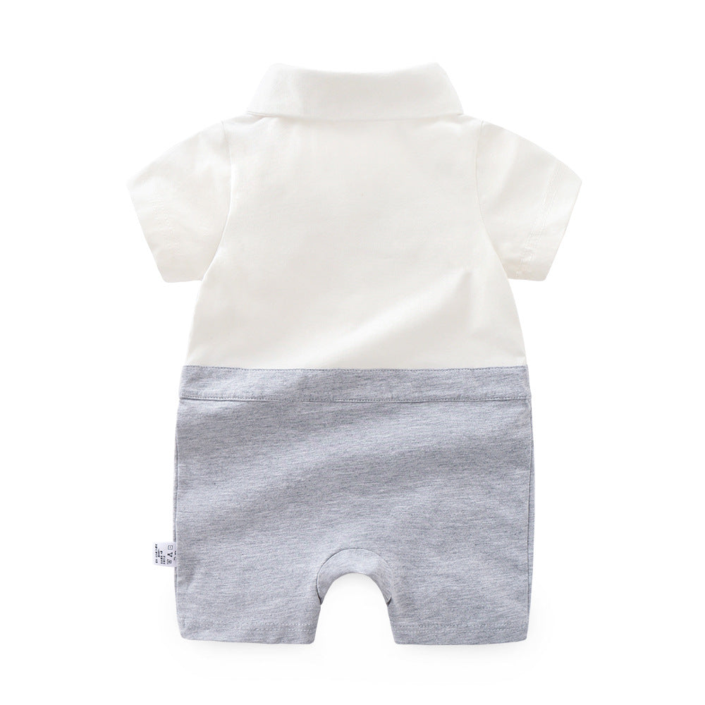 Grey & White Infant Boys Striped Shirt Collar Cotton Romper
