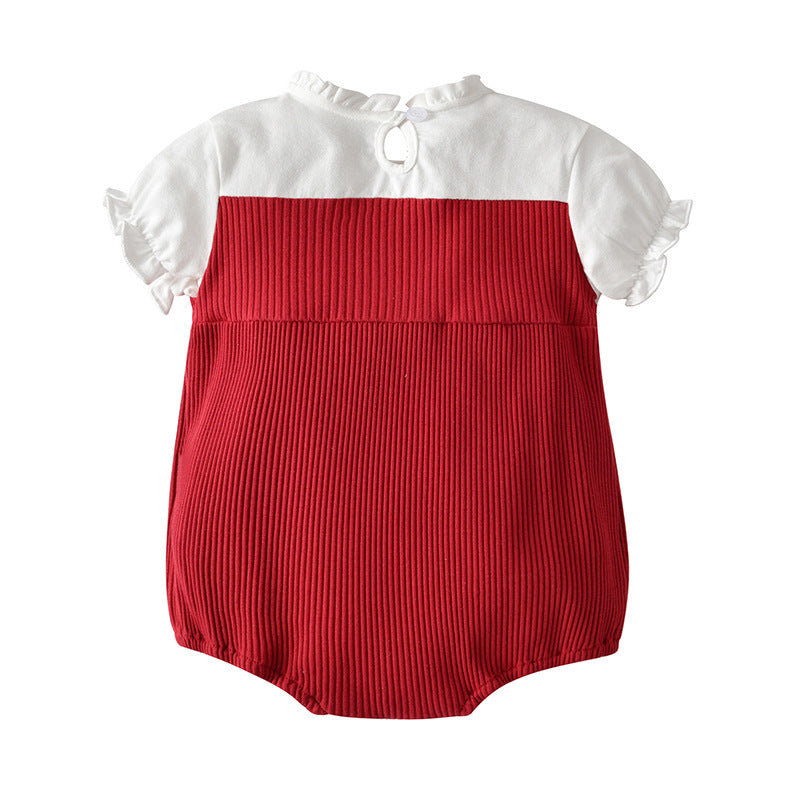 Infants Girls Red Self Design Cotton Bodysuit