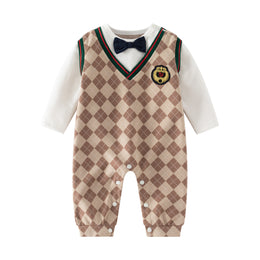 Infants Boys Khaki Checked Cotton Rompers
