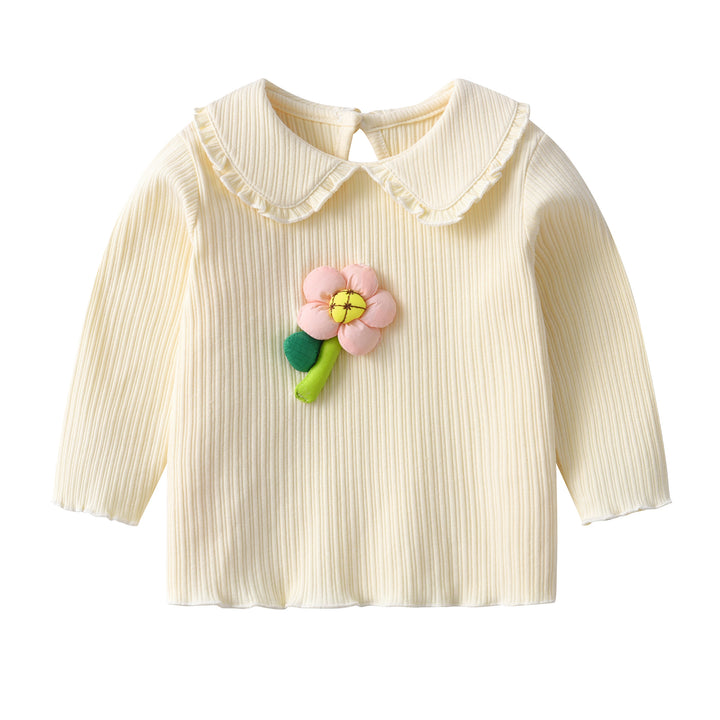 Girls Beige Floral Peter Pan Collar Cotton Top