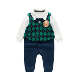 Infant Boys Green & White Checked Cotton Rompers