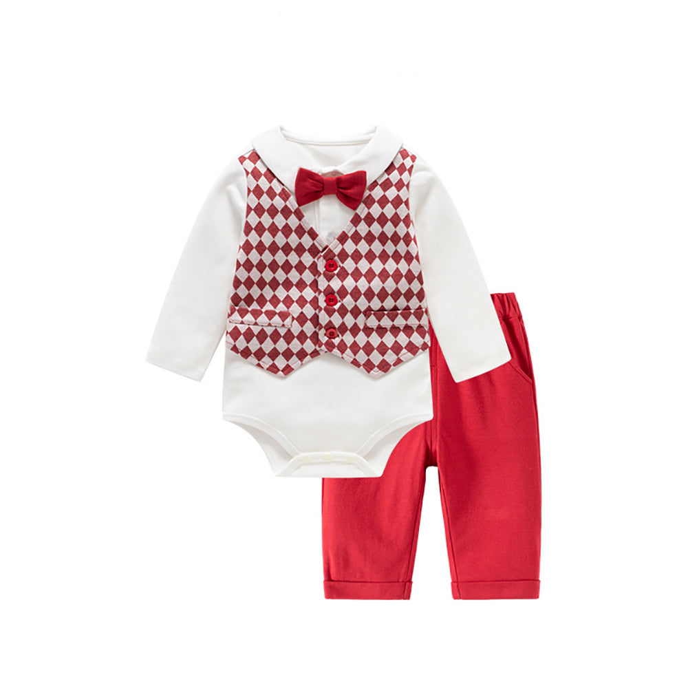Boys Shirt Collar Long Sleeves Romper With Trouser With Waistcoat